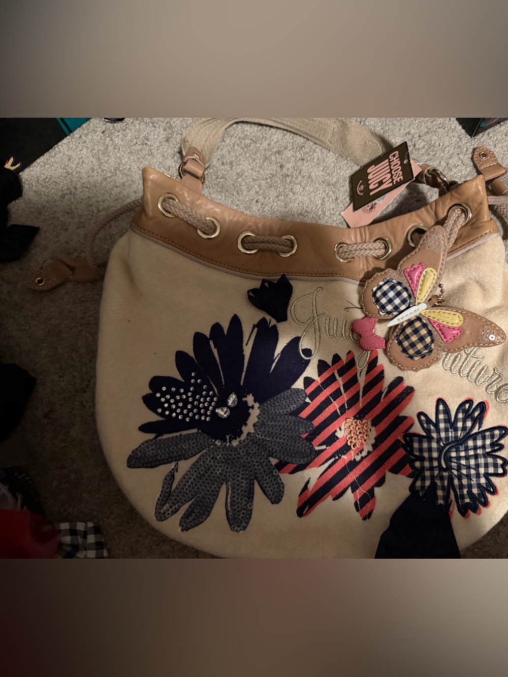 Juicy Couture Beige Canvas Floral Appliqué Shoulder Bag with Tan Trim
